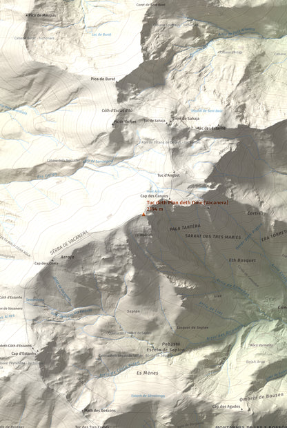 Mapa de relieve de Tuc deth Plan deth Ome (Vacanera), 2194 m, Val d'Aran, lámina 100 Cims de Trobart. Detalle de la zona central. 61 × 91 cm.