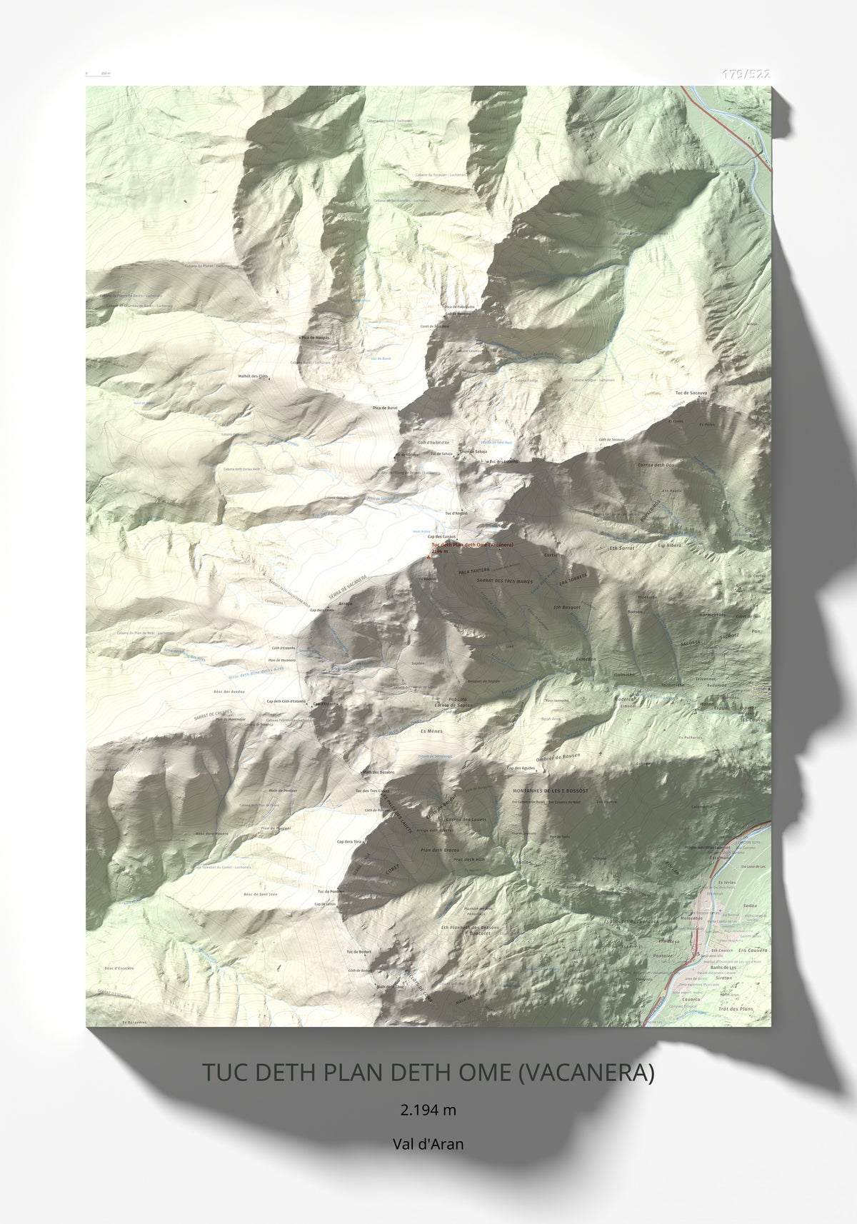 Mapa de relieve de Tuc deth Plan deth Ome (Vacanera), 2194 m, Val d'Aran, lámina 100 Cims de Trobart 70 × 100 cm.