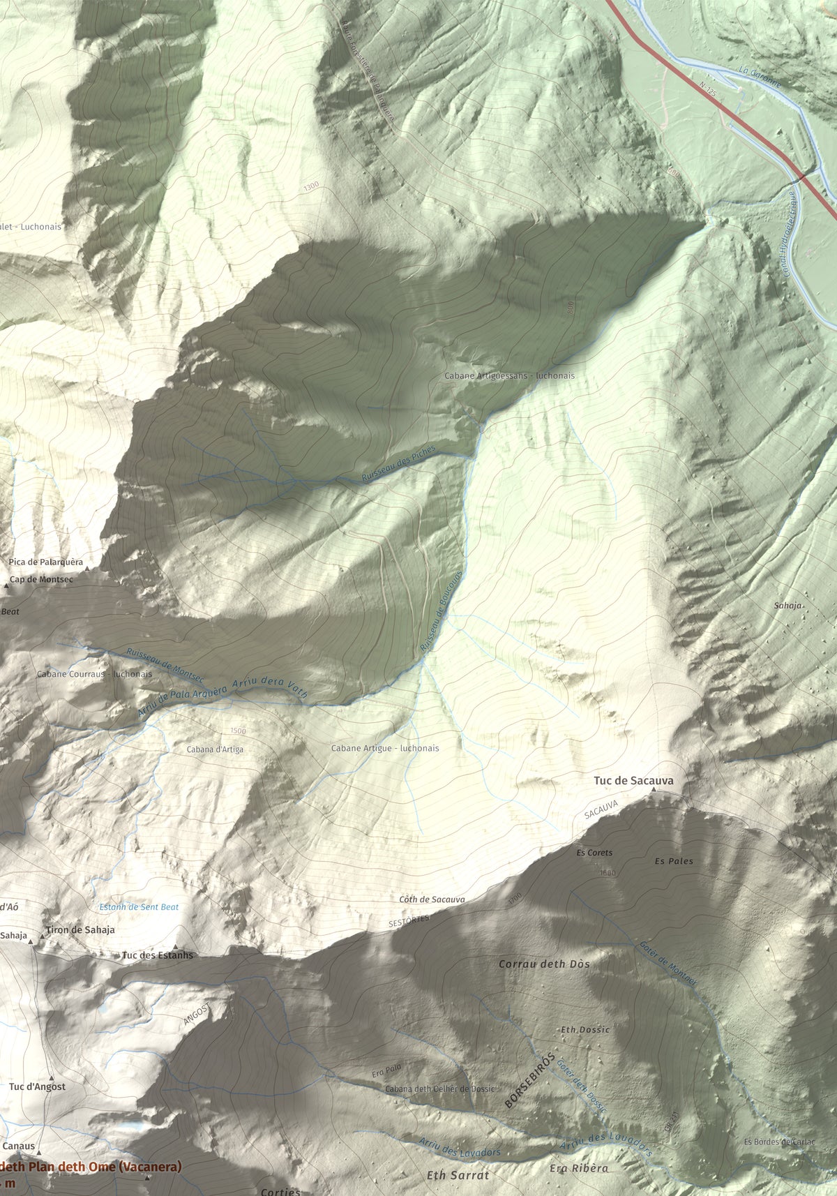 Mapa de relieve de Tuc deth Plan deth Ome (Vacanera), 2194 m, Val d'Aran, lámina 100 Cims de Trobart. Detalle de la zona superior derecha. 70 × 100 cm.
