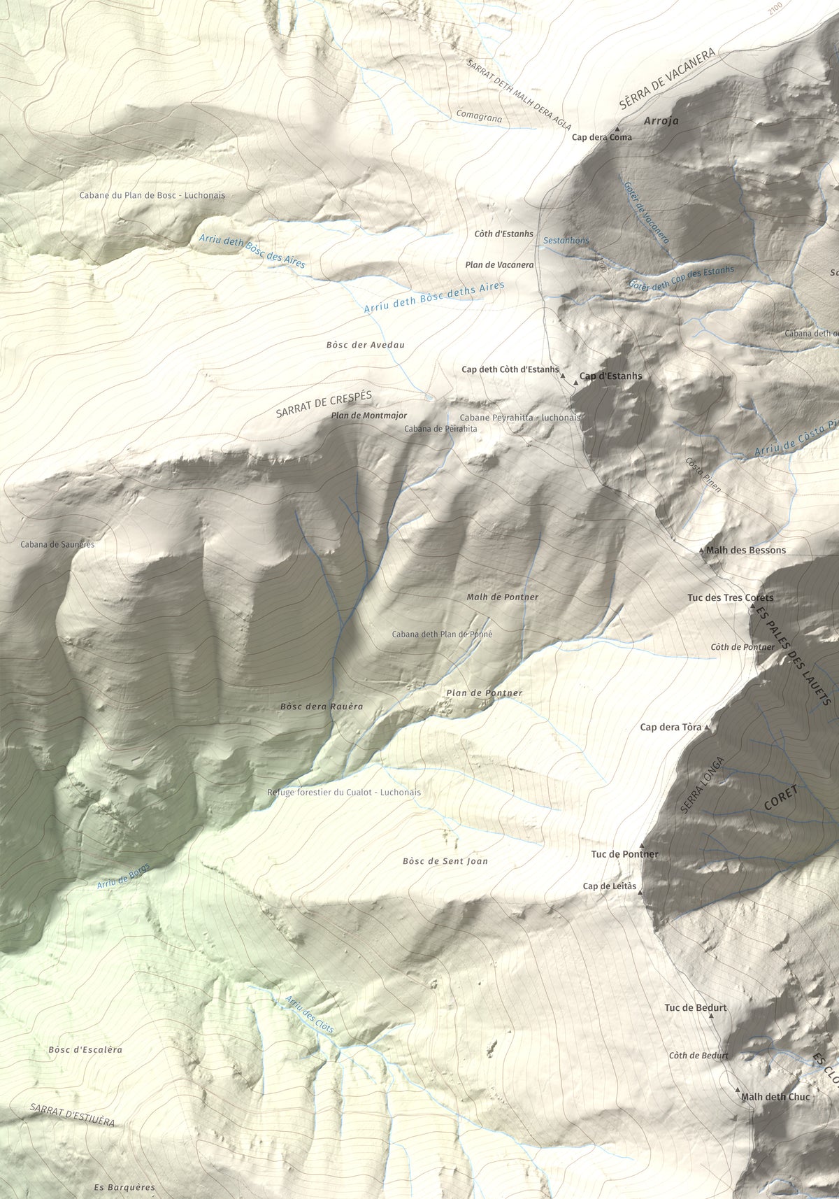 Mapa de relieve de Tuc deth Plan deth Ome (Vacanera), 2194 m, Val d'Aran, lámina 100 Cims de Trobart. Detalle de la zona inferior izquierda. 70 × 100 cm.