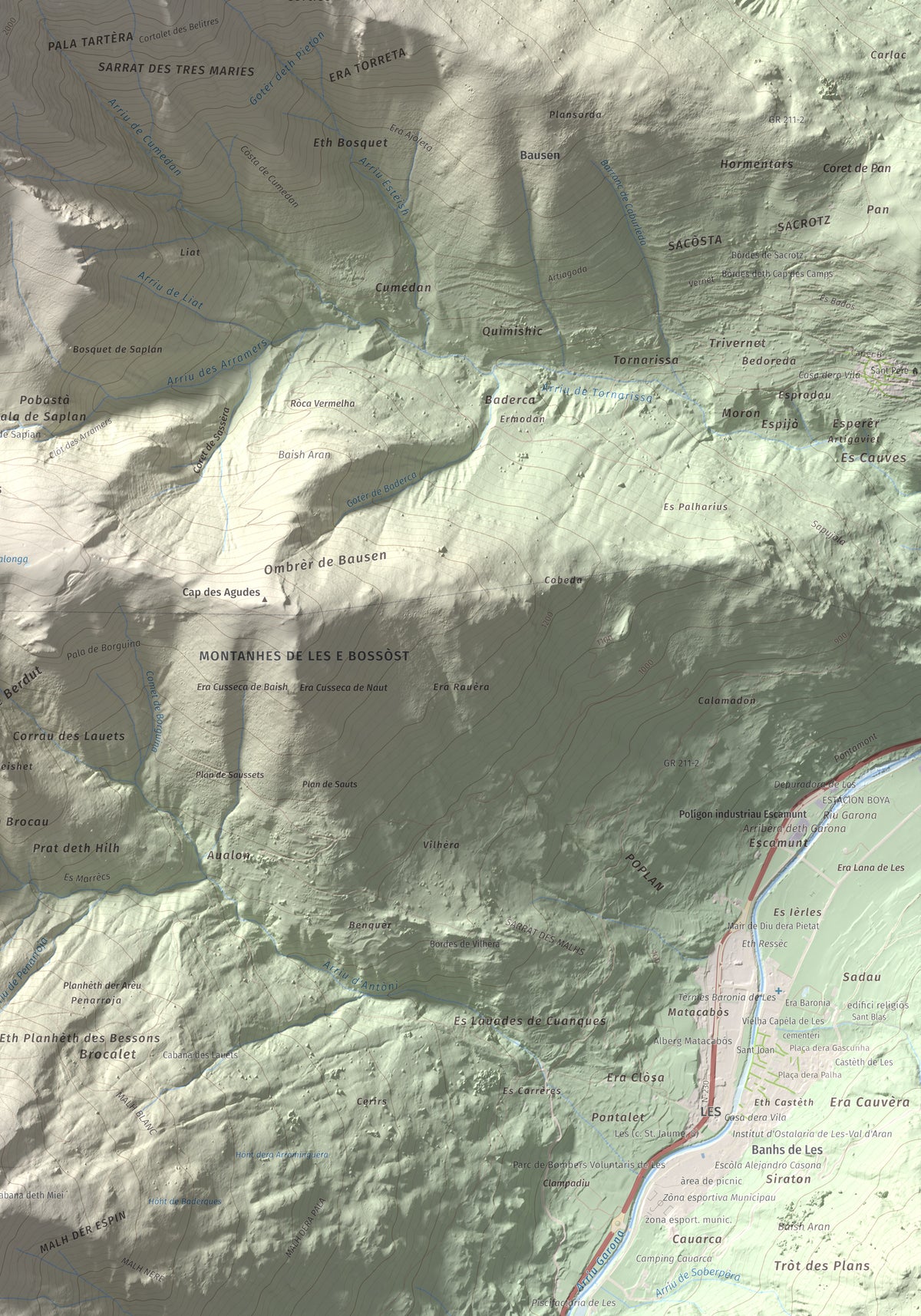 Mapa de relieve de Tuc deth Plan deth Ome (Vacanera), 2194 m, Val d'Aran, lámina 100 Cims de Trobart. Detalle de la zona inferior derecha. 70 × 100 cm.
