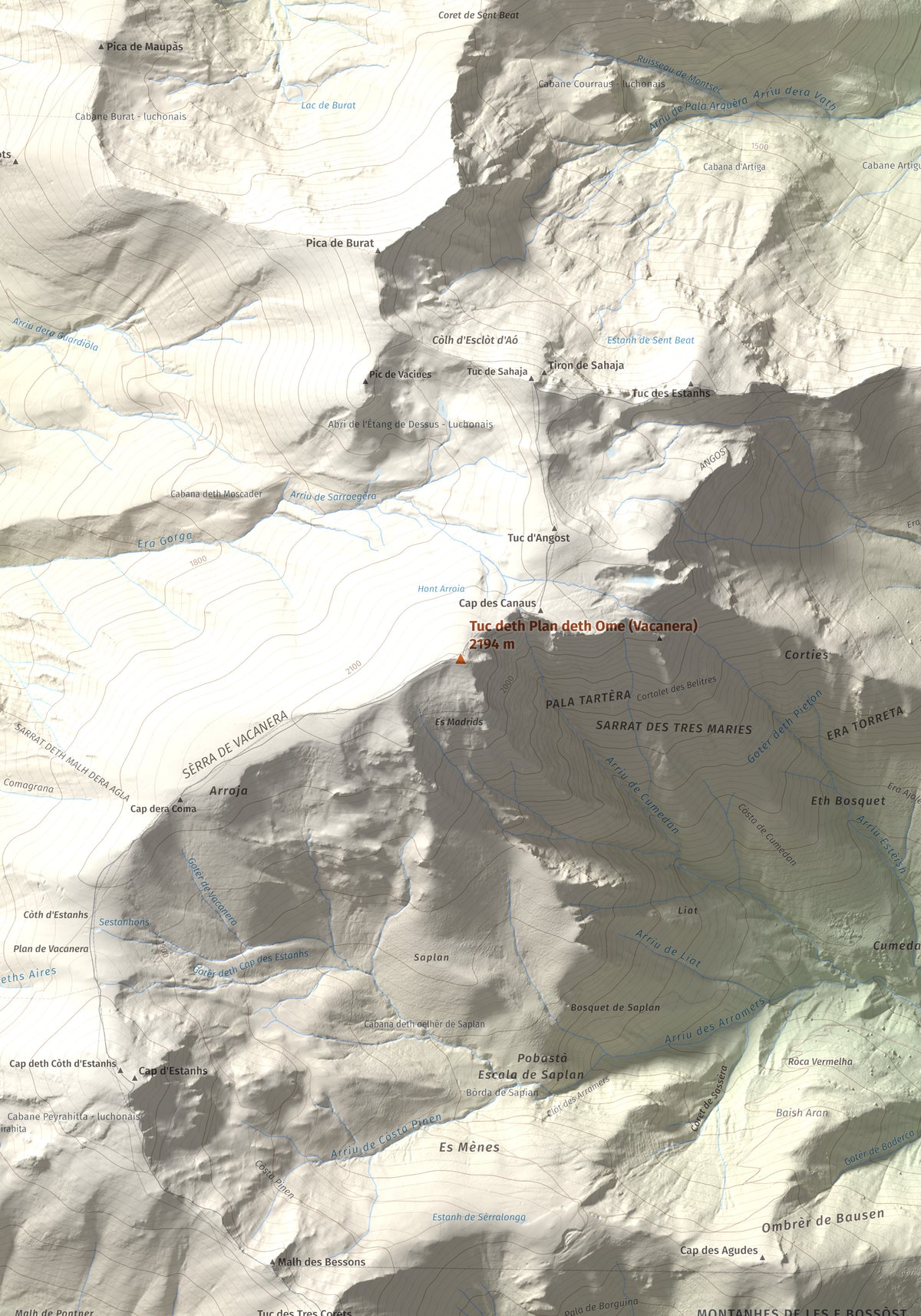 Mapa de relieve de Tuc deth Plan deth Ome (Vacanera), 2194 m, Val d'Aran, lámina 100 Cims de Trobart. Detalle de la zona central. 70 × 100 cm.