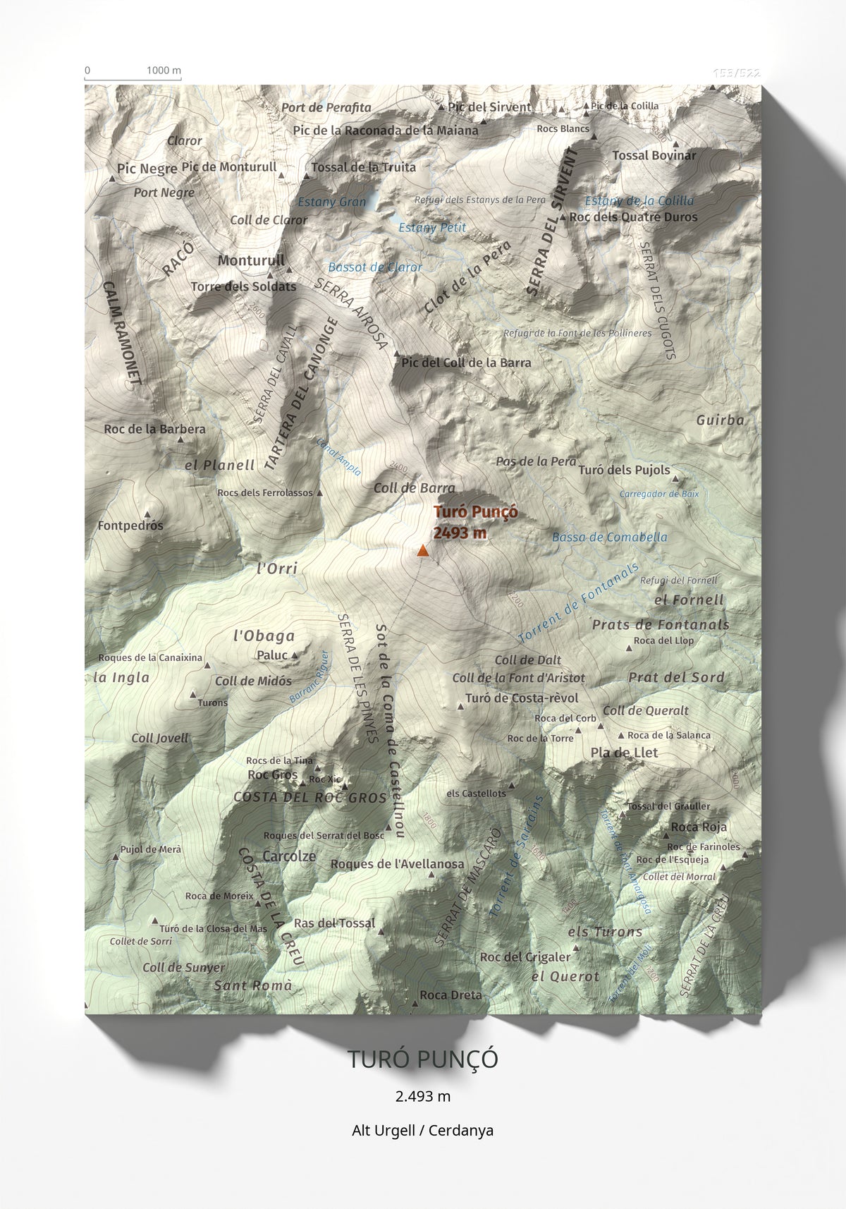 Mapa de relieve de Turó Punçó, 2493 m, Alt Urgell · Cerdanya, lámina 100 Cims de Trobart 21 × 30 cm.