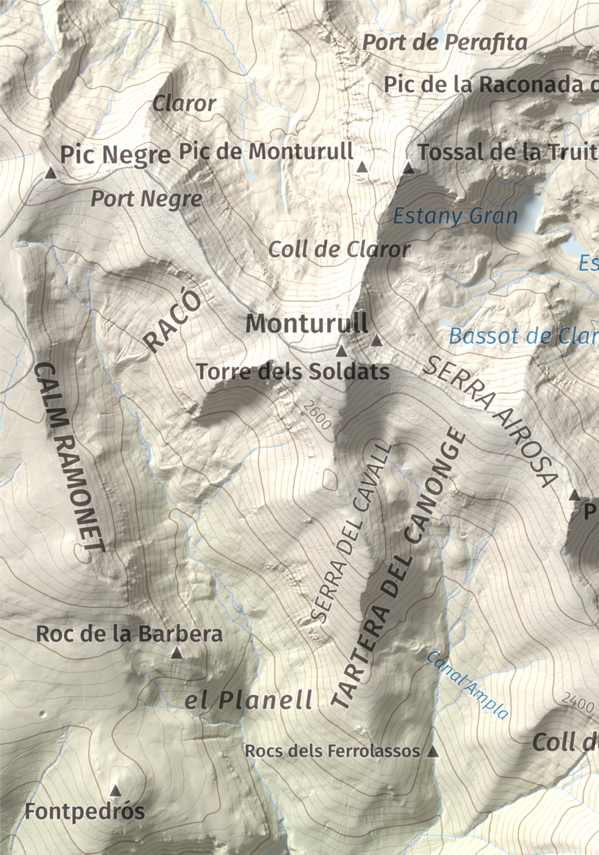 Mapa de relieve de Turó Punçó, 2493 m, Alt Urgell · Cerdanya, lámina 100 Cims de Trobart. Detalle de la zona superior izquierda. 21 × 30 cm.