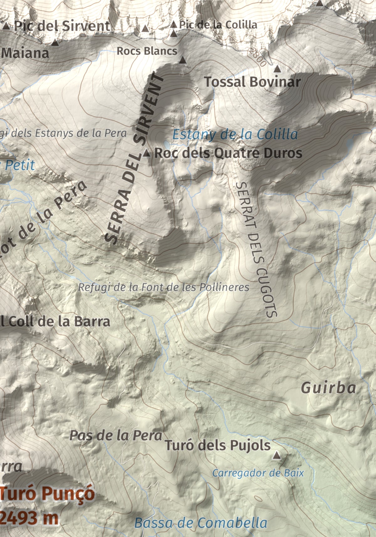 Mapa de relieve de Turó Punçó, 2493 m, Alt Urgell · Cerdanya, lámina 100 Cims de Trobart. Detalle de la zona superior derecha. 21 × 30 cm.