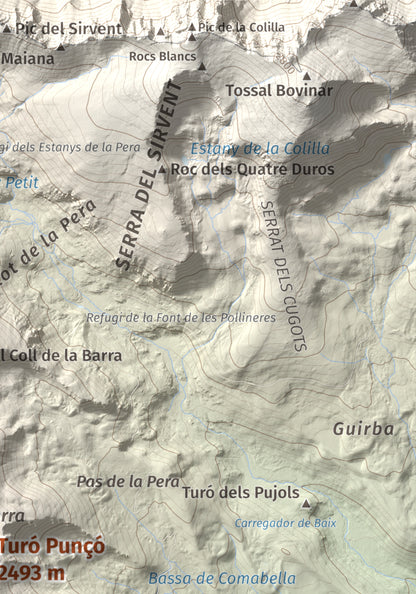 Mapa de relieve de Turó Punçó, 2493 m, Alt Urgell · Cerdanya, lámina 100 Cims de Trobart. Detalle de la zona superior derecha. 21 × 30 cm.