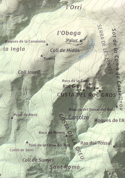 Mapa de relieve de Turó Punçó, 2493 m, Alt Urgell · Cerdanya, lámina 100 Cims de Trobart. Detalle de la zona inferior izquierda. 21 × 30 cm.