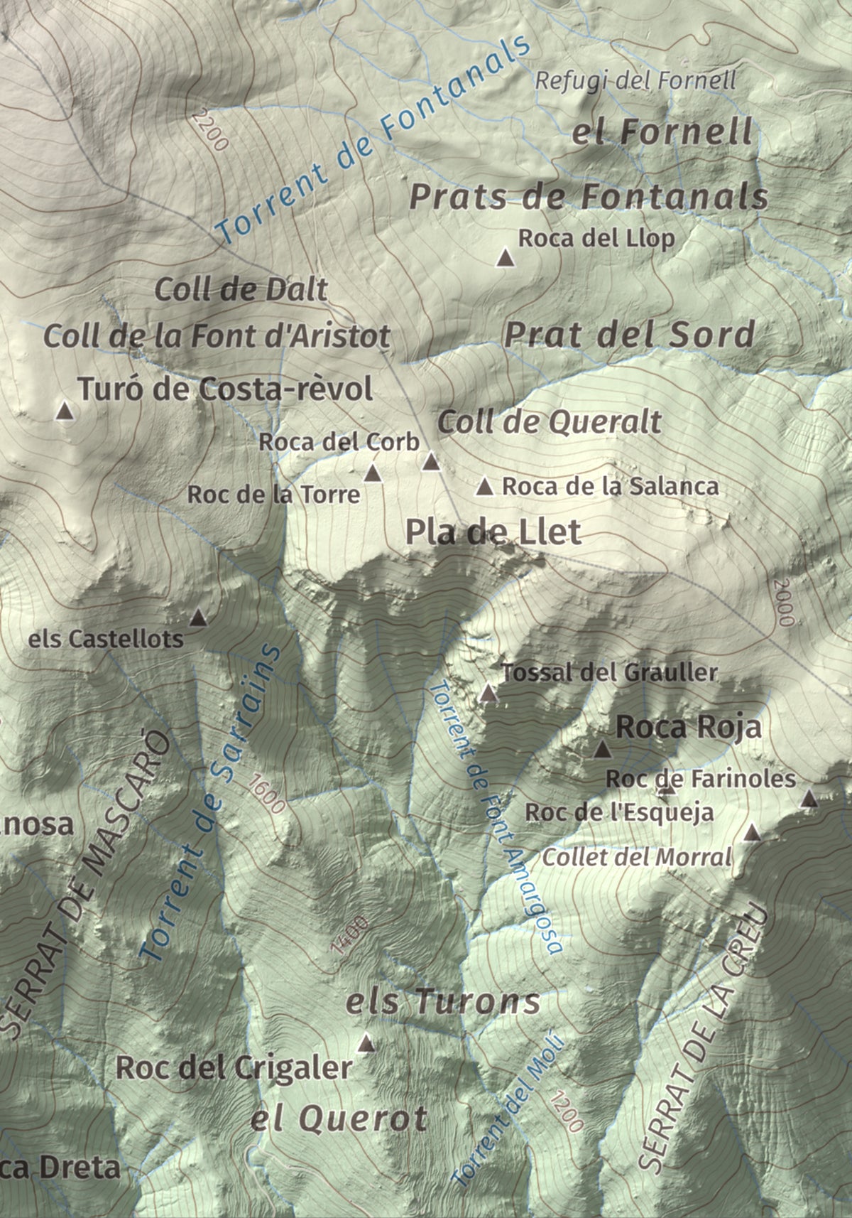 Mapa de relieve de Turó Punçó, 2493 m, Alt Urgell · Cerdanya, lámina 100 Cims de Trobart. Detalle de la zona inferior derecha. 21 × 30 cm.