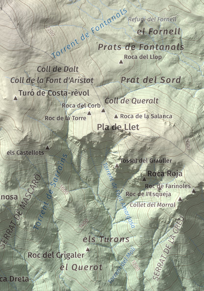 Mapa de relieve de Turó Punçó, 2493 m, Alt Urgell · Cerdanya, lámina 100 Cims de Trobart. Detalle de la zona inferior derecha. 21 × 30 cm.