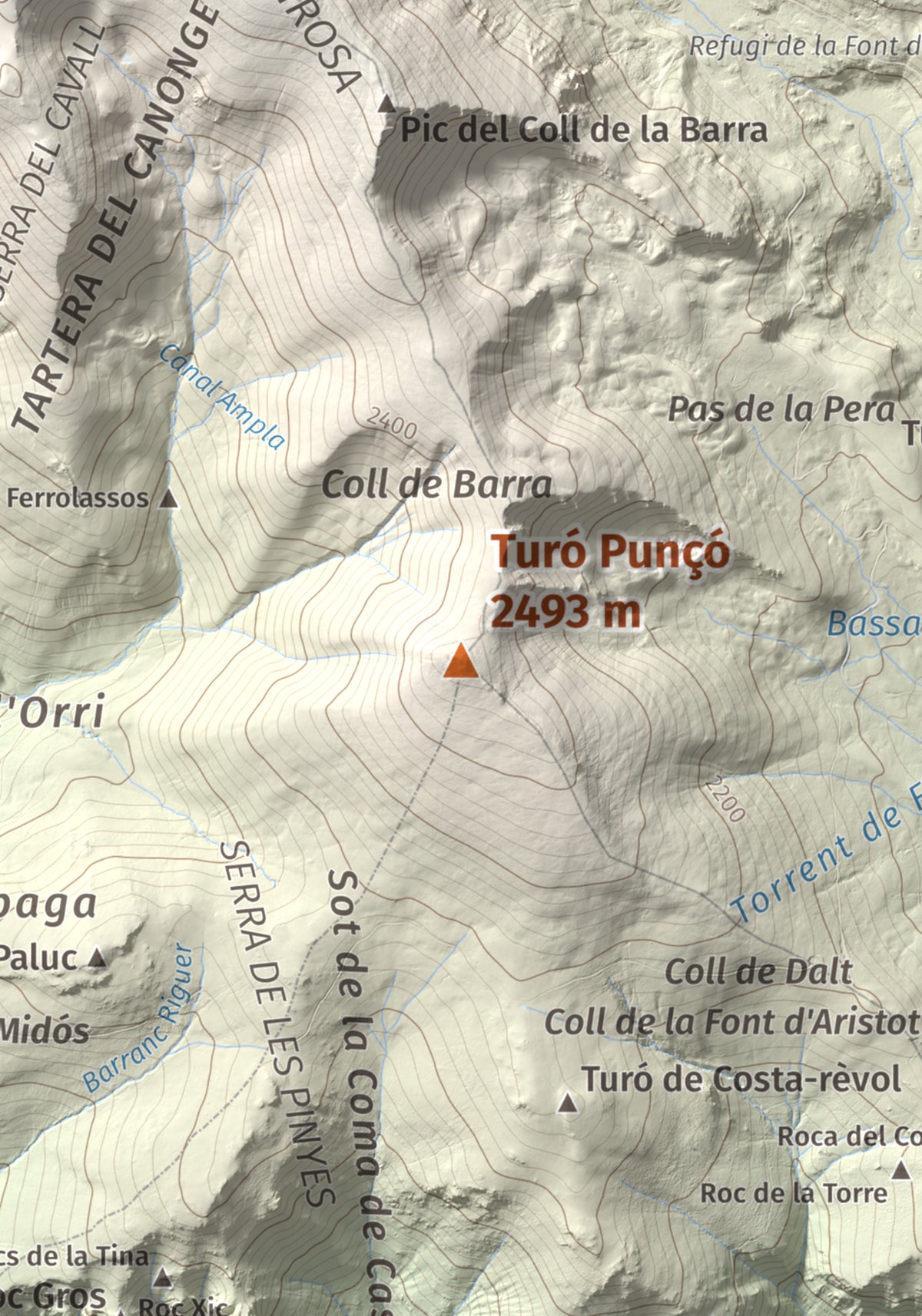 Mapa de relieve de Turó Punçó, 2493 m, Alt Urgell · Cerdanya, lámina 100 Cims de Trobart. Detalle de la zona central. 21 × 30 cm.