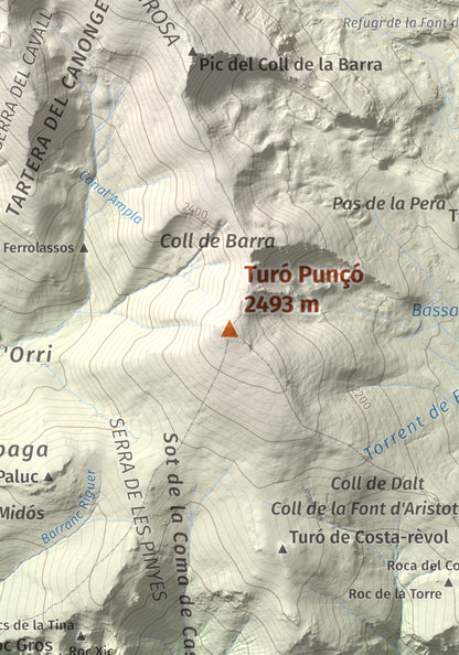 Mapa de relieve de Turó Punçó, 2493 m, Alt Urgell · Cerdanya, lámina 100 Cims de Trobart. Detalle de la zona central. 21 × 30 cm.