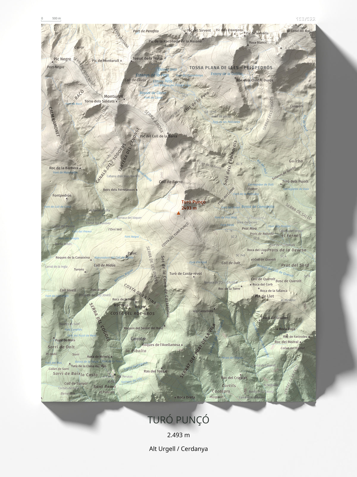 Mapa de relieve de Turó Punçó, 2493 m, Alt Urgell · Cerdanya, lámina 100 Cims de Trobart 30 × 40 cm.