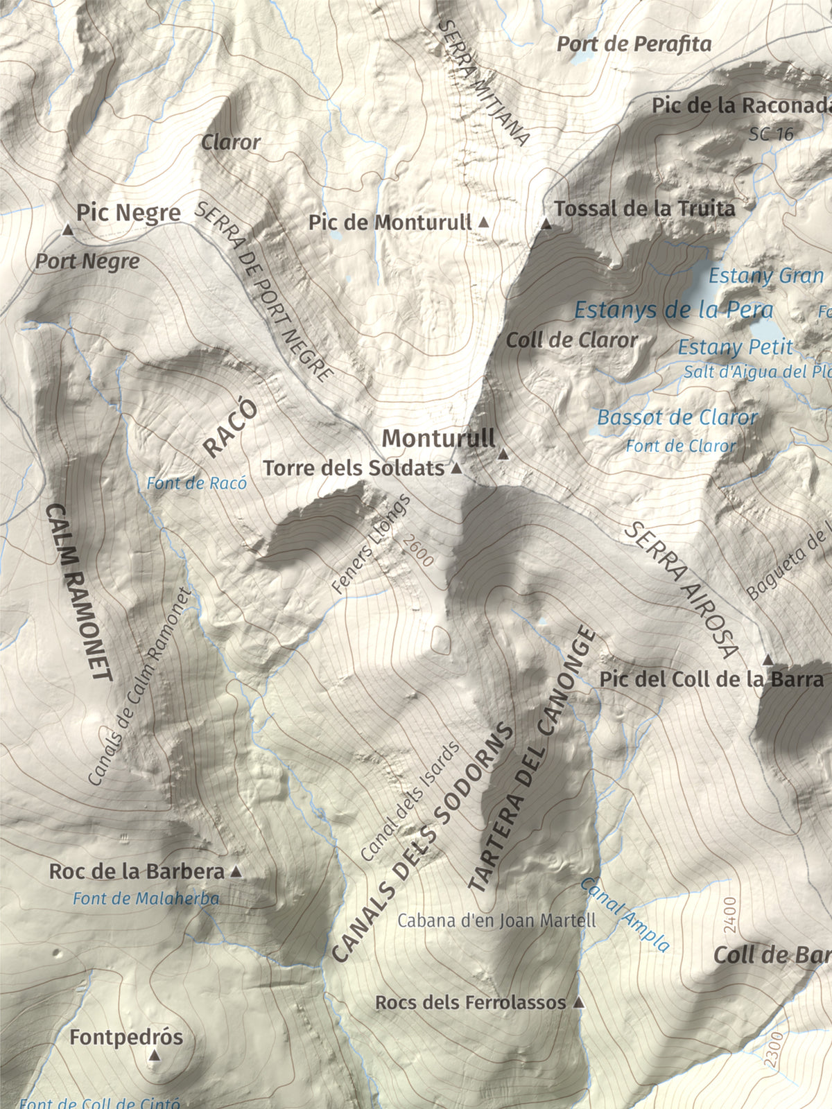 Mapa de relieve de Turó Punçó, 2493 m, Alt Urgell · Cerdanya, lámina 100 Cims de Trobart. Detalle de la zona superior izquierda. 30 × 40 cm.
