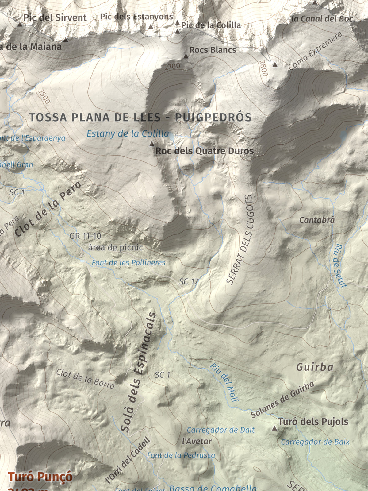Mapa de relieve de Turó Punçó, 2493 m, Alt Urgell · Cerdanya, lámina 100 Cims de Trobart. Detalle de la zona superior derecha. 30 × 40 cm.