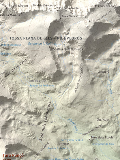 Mapa de relieve de Turó Punçó, 2493 m, Alt Urgell · Cerdanya, lámina 100 Cims de Trobart. Detalle de la zona superior derecha. 30 × 40 cm.