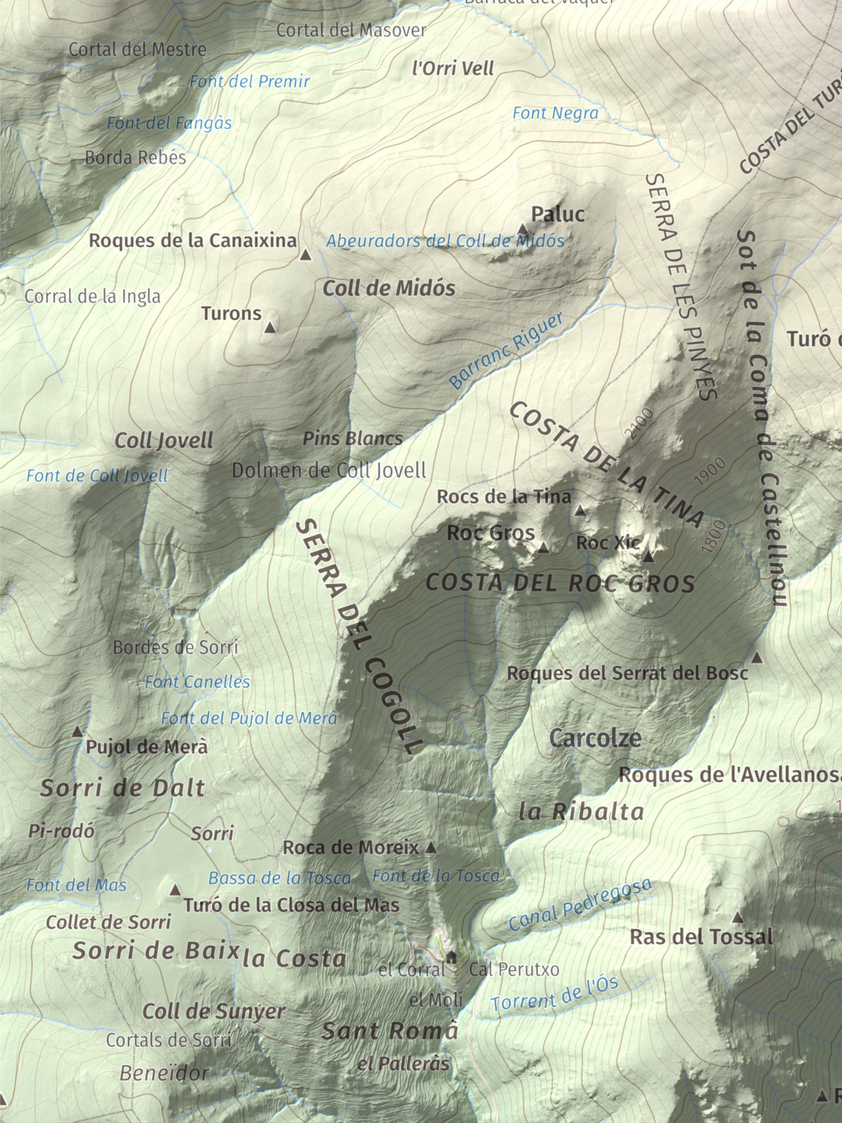 Mapa de relieve de Turó Punçó, 2493 m, Alt Urgell · Cerdanya, lámina 100 Cims de Trobart. Detalle de la zona inferior izquierda. 30 × 40 cm.