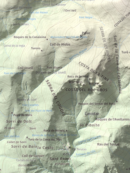 Mapa de relieve de Turó Punçó, 2493 m, Alt Urgell · Cerdanya, lámina 100 Cims de Trobart. Detalle de la zona inferior izquierda. 30 × 40 cm.