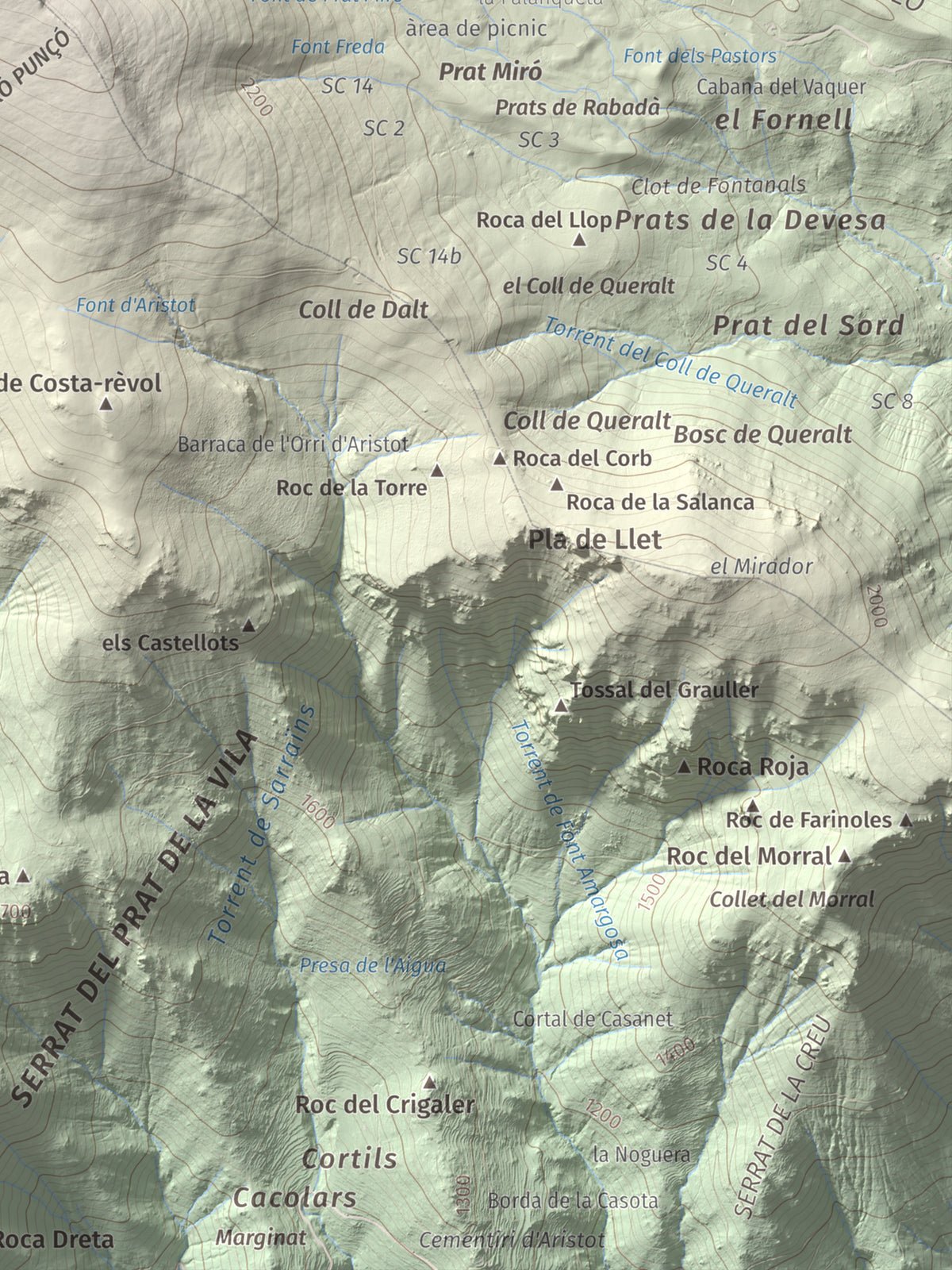 Mapa de relieve de Turó Punçó, 2493 m, Alt Urgell · Cerdanya, lámina 100 Cims de Trobart. Detalle de la zona inferior derecha. 30 × 40 cm.
