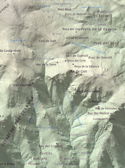 Mapa de relieve de Turó Punçó, 2493 m, Alt Urgell · Cerdanya, lámina 100 Cims de Trobart. Detalle de la zona inferior derecha. 30 × 40 cm.