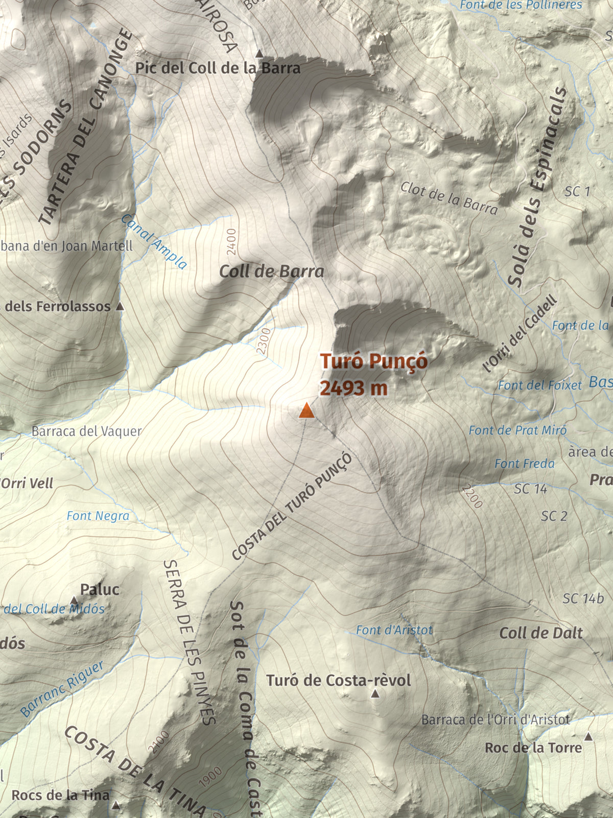 Mapa de relieve de Turó Punçó, 2493 m, Alt Urgell · Cerdanya, lámina 100 Cims de Trobart. Detalle de la zona central. 30 × 40 cm.