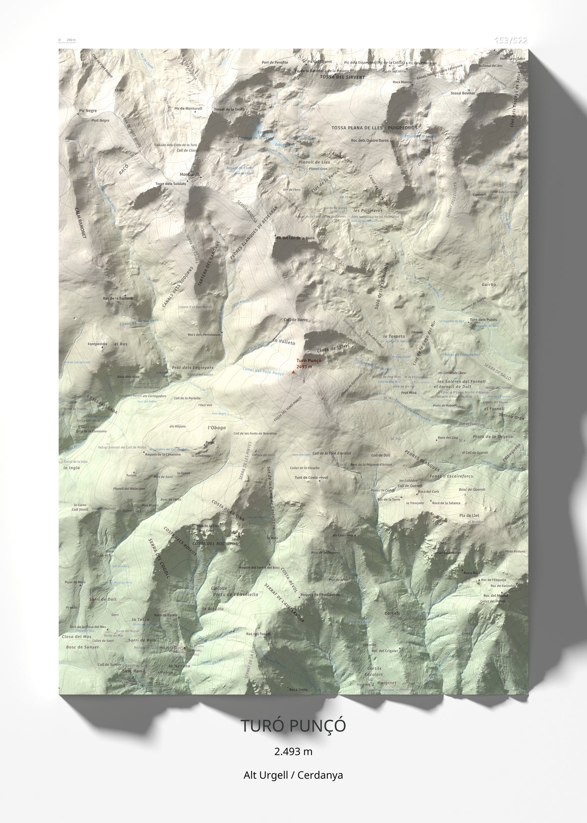Mapa de relieve de Turó Punçó, 2493 m, Alt Urgell · Cerdanya, lámina 100 Cims de Trobart 50 × 70 cm.