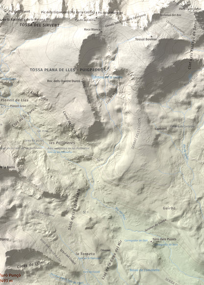 Mapa de relieve de Turó Punçó, 2493 m, Alt Urgell · Cerdanya, lámina 100 Cims de Trobart. Detalle de la zona superior derecha. 50 × 70 cm.