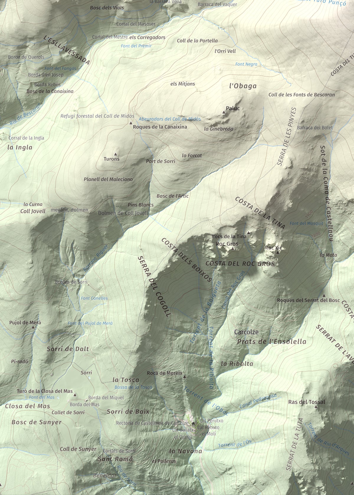 Mapa de relieve de Turó Punçó, 2493 m, Alt Urgell · Cerdanya, lámina 100 Cims de Trobart. Detalle de la zona inferior izquierda. 50 × 70 cm.