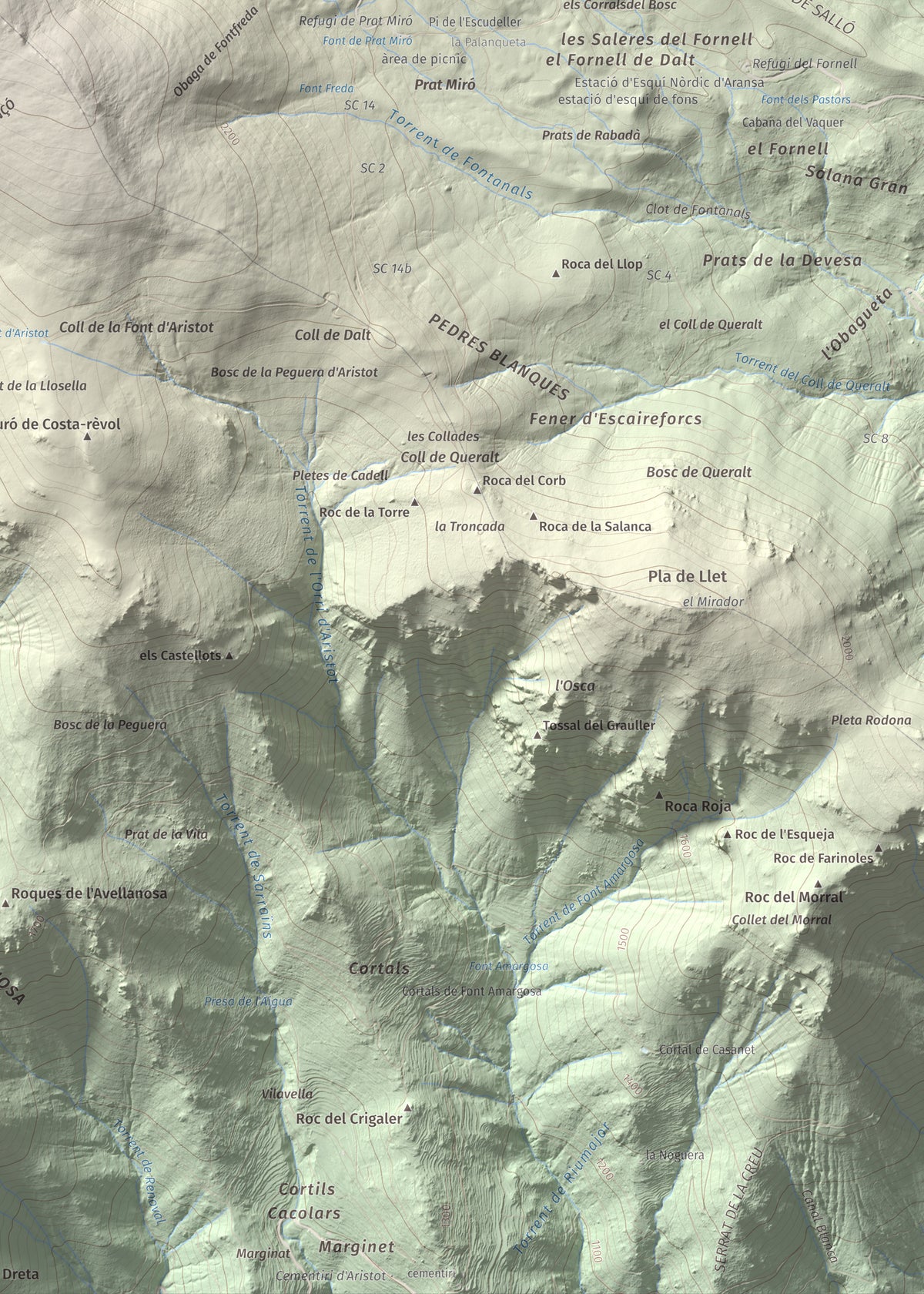 Mapa de relieve de Turó Punçó, 2493 m, Alt Urgell · Cerdanya, lámina 100 Cims de Trobart. Detalle de la zona inferior derecha. 50 × 70 cm.