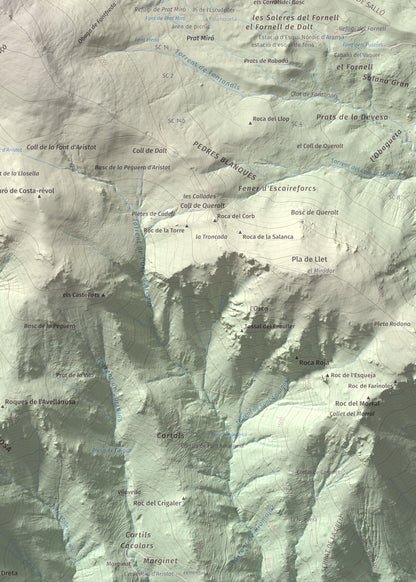 Mapa de relieve de Turó Punçó, 2493 m, Alt Urgell · Cerdanya, lámina 100 Cims de Trobart. Detalle de la zona inferior derecha. 50 × 70 cm.