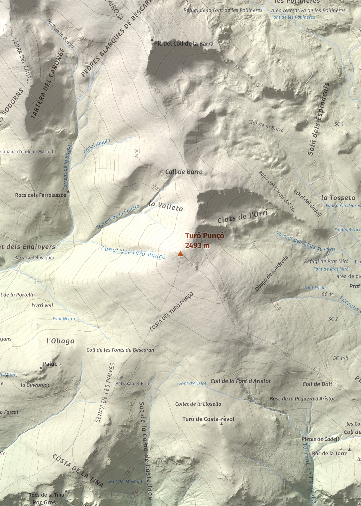Mapa de relieve de Turó Punçó, 2493 m, Alt Urgell · Cerdanya, lámina 100 Cims de Trobart. Detalle de la zona central. 50 × 70 cm.