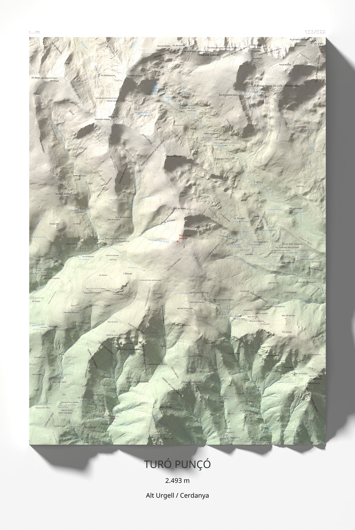 Mapa de relieve de Turó Punçó, 2493 m, Alt Urgell · Cerdanya, lámina 100 Cims de Trobart 61 × 91 cm.