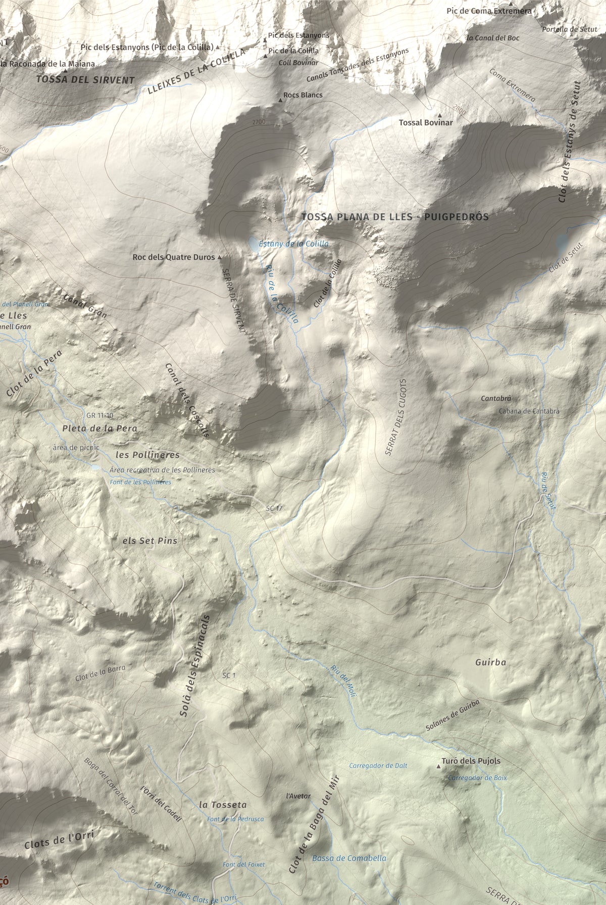 Mapa de relieve de Turó Punçó, 2493 m, Alt Urgell · Cerdanya, lámina 100 Cims de Trobart. Detalle de la zona superior derecha. 61 × 91 cm.