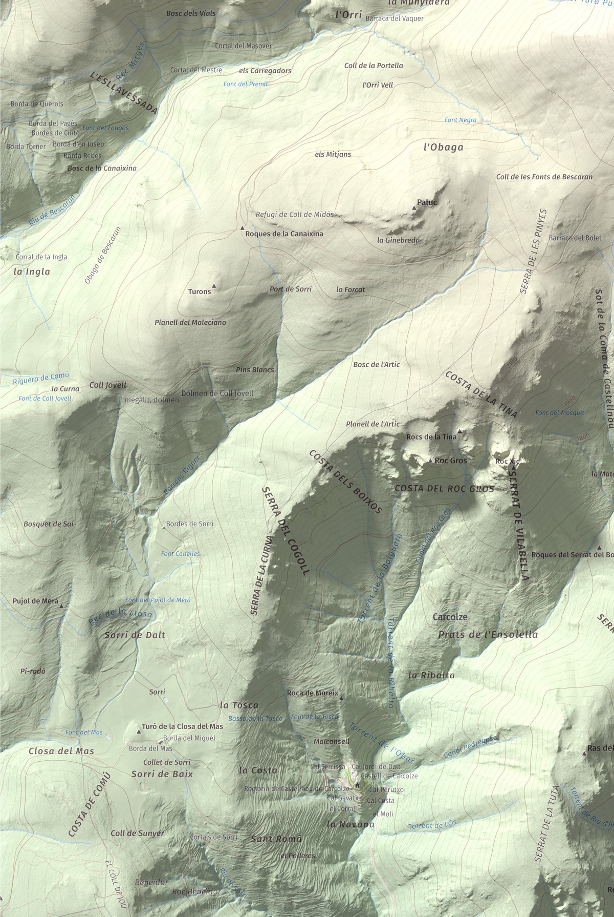 Mapa de relieve de Turó Punçó, 2493 m, Alt Urgell · Cerdanya, lámina 100 Cims de Trobart. Detalle de la zona inferior izquierda. 61 × 91 cm.