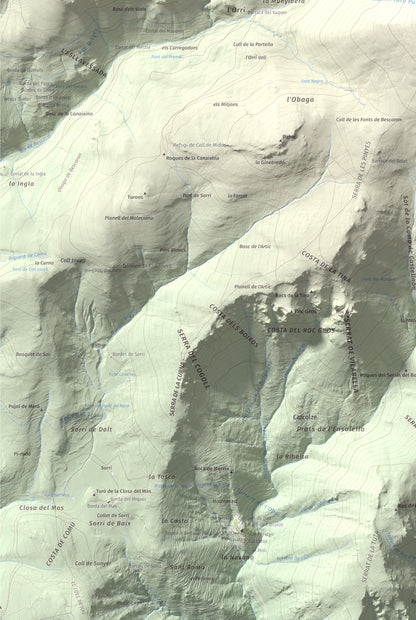 Mapa de relieve de Turó Punçó, 2493 m, Alt Urgell · Cerdanya, lámina 100 Cims de Trobart. Detalle de la zona inferior izquierda. 61 × 91 cm.