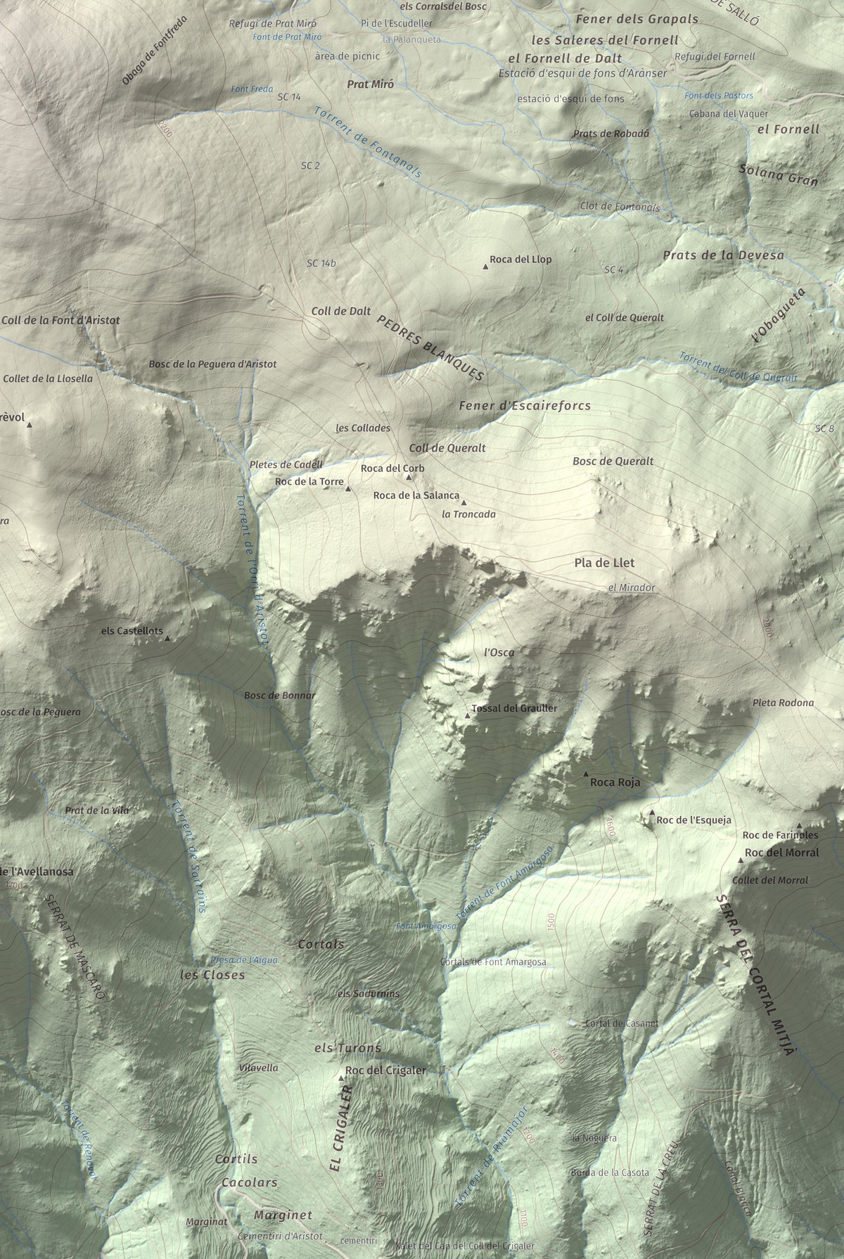Mapa de relieve de Turó Punçó, 2493 m, Alt Urgell · Cerdanya, lámina 100 Cims de Trobart. Detalle de la zona inferior derecha. 61 × 91 cm.