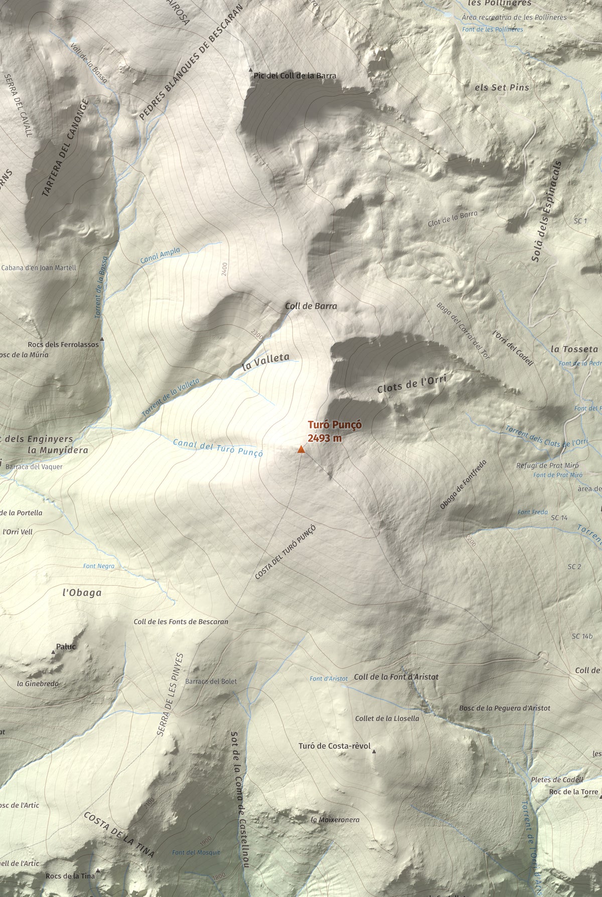 Mapa de relieve de Turó Punçó, 2493 m, Alt Urgell · Cerdanya, lámina 100 Cims de Trobart. Detalle de la zona central. 61 × 91 cm.