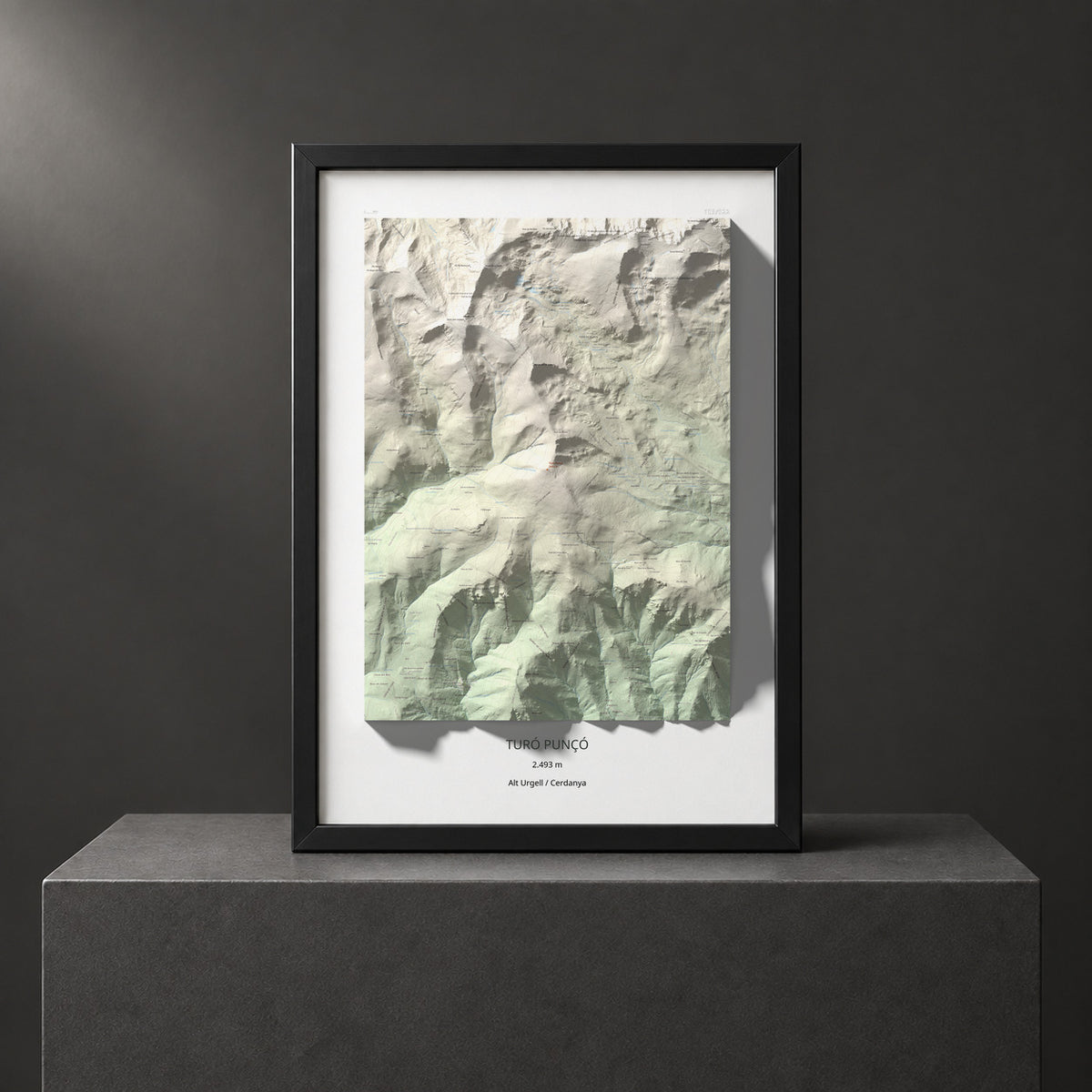 Mapa de relieve de Turó Punçó, 2493 m, Alt Urgell · Cerdanya, lámina 100 Cims de Trobart. Presentación enmarcada. 70 × 100 cm.