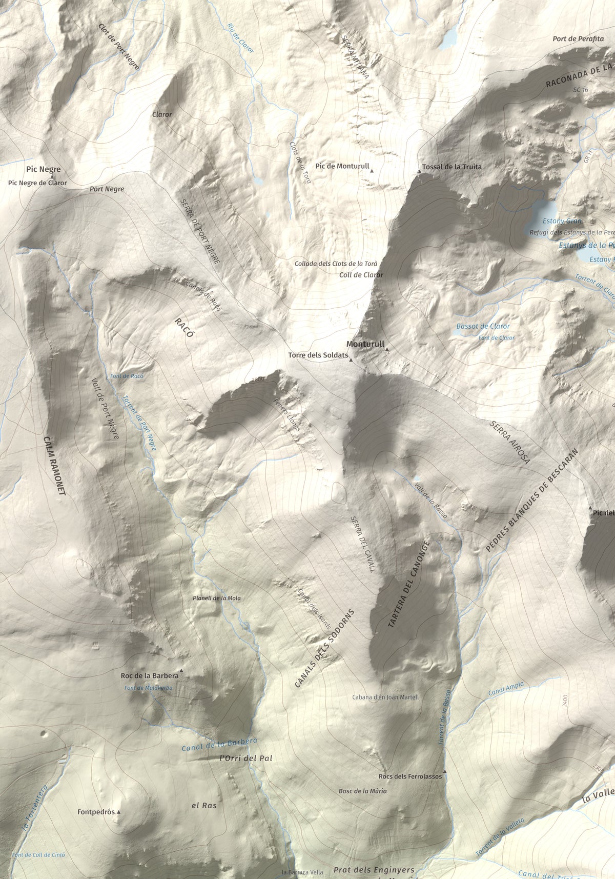 Mapa de relieve de Turó Punçó, 2493 m, Alt Urgell · Cerdanya, lámina 100 Cims de Trobart. Detalle de la zona superior izquierda. 70 × 100 cm.