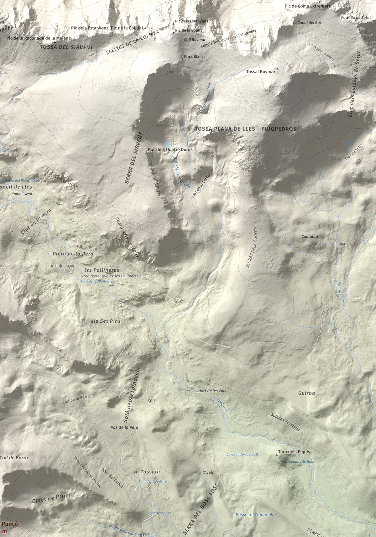 Mapa de relieve de Turó Punçó, 2493 m, Alt Urgell · Cerdanya, lámina 100 Cims de Trobart. Detalle de la zona superior derecha. 70 × 100 cm.