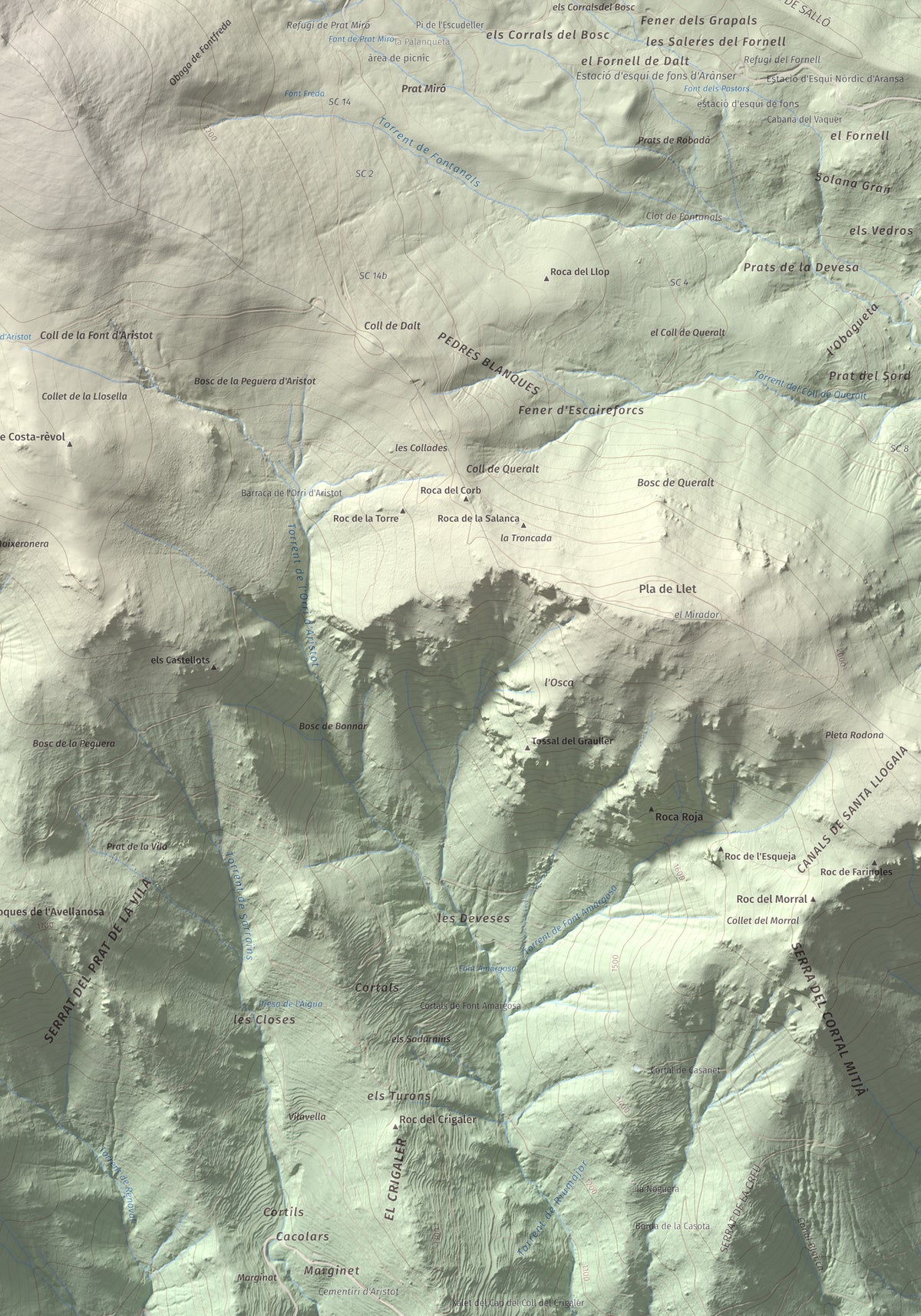 Mapa de relieve de Turó Punçó, 2493 m, Alt Urgell · Cerdanya, lámina 100 Cims de Trobart. Detalle de la zona inferior derecha. 70 × 100 cm.