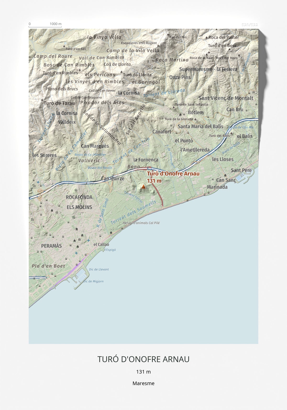 Mapa de relieve de Turó d'Onofre Arnau, 131 m, Maresme, lámina 100 Cims de Trobart 21 × 30 cm.