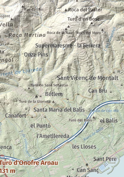 Mapa de relieve de Turó d'Onofre Arnau, 131 m, Maresme, lámina 100 Cims de Trobart. Detalle de la zona superior derecha. 21 × 30 cm.