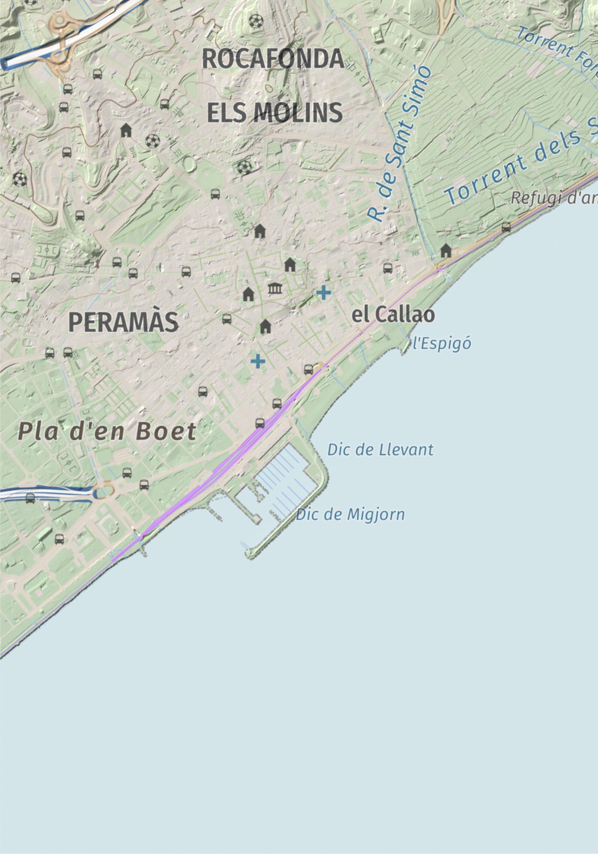 Mapa de relieve de Turó d'Onofre Arnau, 131 m, Maresme, lámina 100 Cims de Trobart. Detalle de la zona inferior izquierda. 21 × 30 cm.