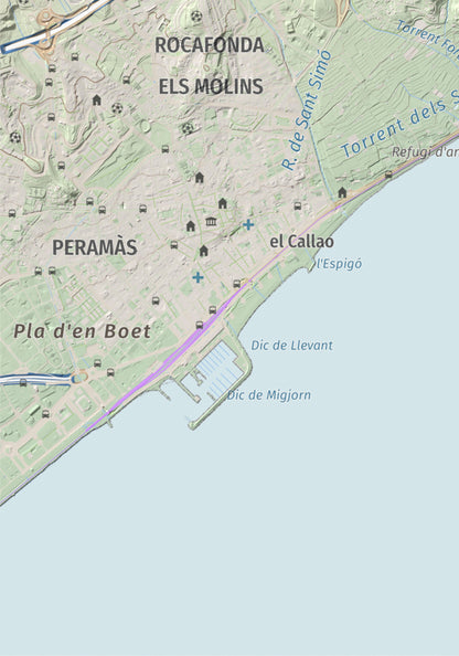 Mapa de relieve de Turó d'Onofre Arnau, 131 m, Maresme, lámina 100 Cims de Trobart. Detalle de la zona inferior izquierda. 21 × 30 cm.