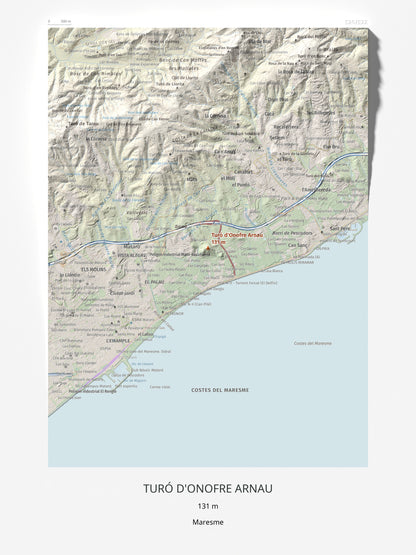 Mapa de relieve de Turó d'Onofre Arnau, 131 m, Maresme, lámina 100 Cims de Trobart 30 × 40 cm.