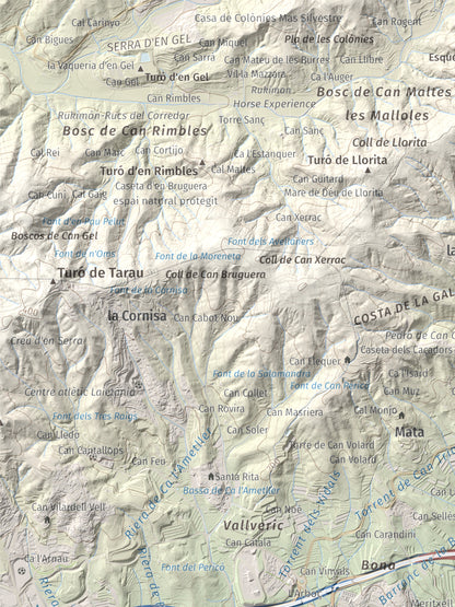 Mapa de relieve de Turó d'Onofre Arnau, 131 m, Maresme, lámina 100 Cims de Trobart. Detalle de la zona superior izquierda. 30 × 40 cm.