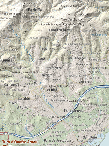 Mapa de relieve de Turó d'Onofre Arnau, 131 m, Maresme, lámina 100 Cims de Trobart. Detalle de la zona superior derecha. 30 × 40 cm.
