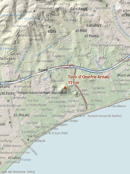 Mapa de relieve de Turó d'Onofre Arnau, 131 m, Maresme, lámina 100 Cims de Trobart. Detalle de la zona central. 30 × 40 cm.