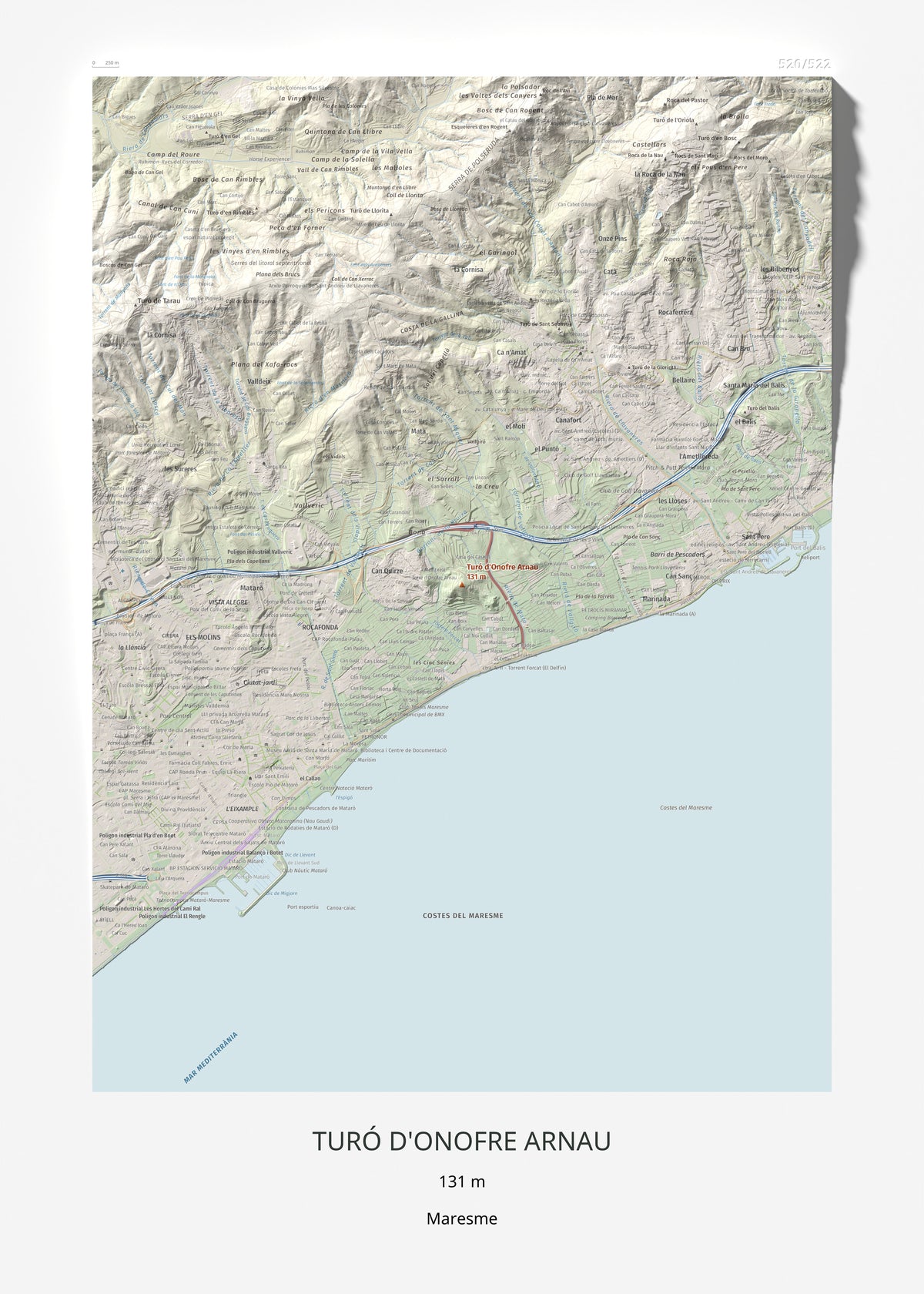Mapa de relieve de Turó d'Onofre Arnau, 131 m, Maresme, lámina 100 Cims de Trobart 50 × 70 cm.