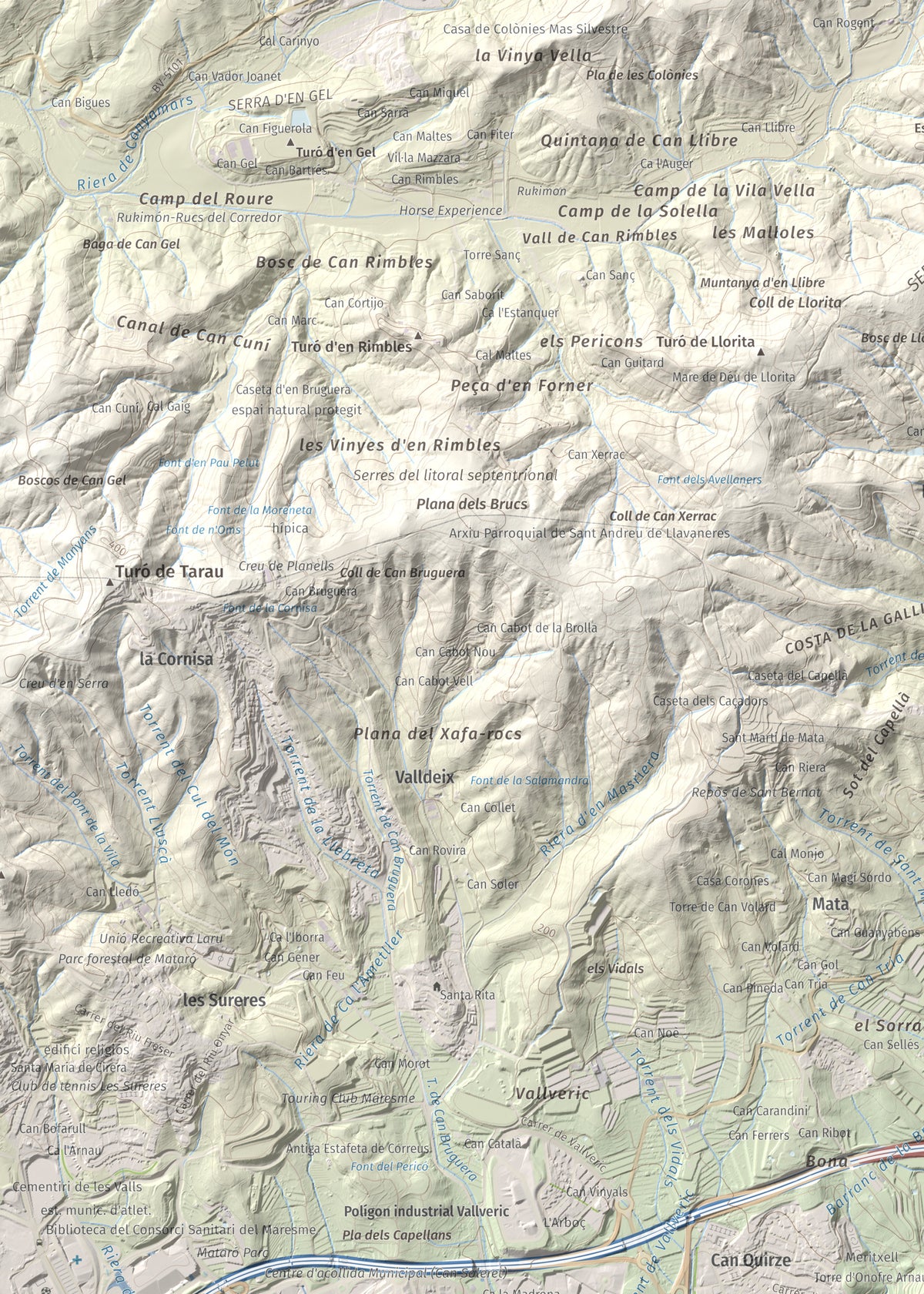 Mapa de relieve de Turó d'Onofre Arnau, 131 m, Maresme, lámina 100 Cims de Trobart. Detalle de la zona superior izquierda. 50 × 70 cm.